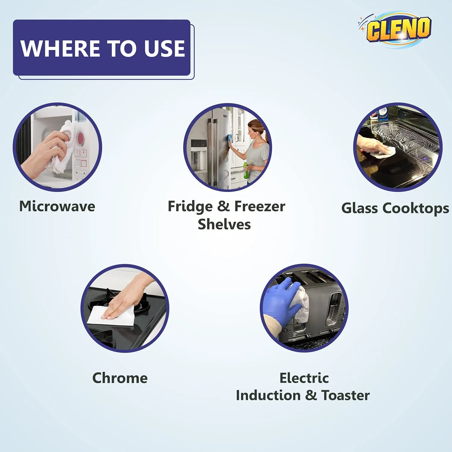 Cleno Microwave & Fridge Wet Wipes Removes Food & Grime Buildup, Quick Spot Cleaning for Shelves, Cooktops, Chrome, Electric Induction or Toaster - 50 Wipes (Ready to Use) (Pack of 10)