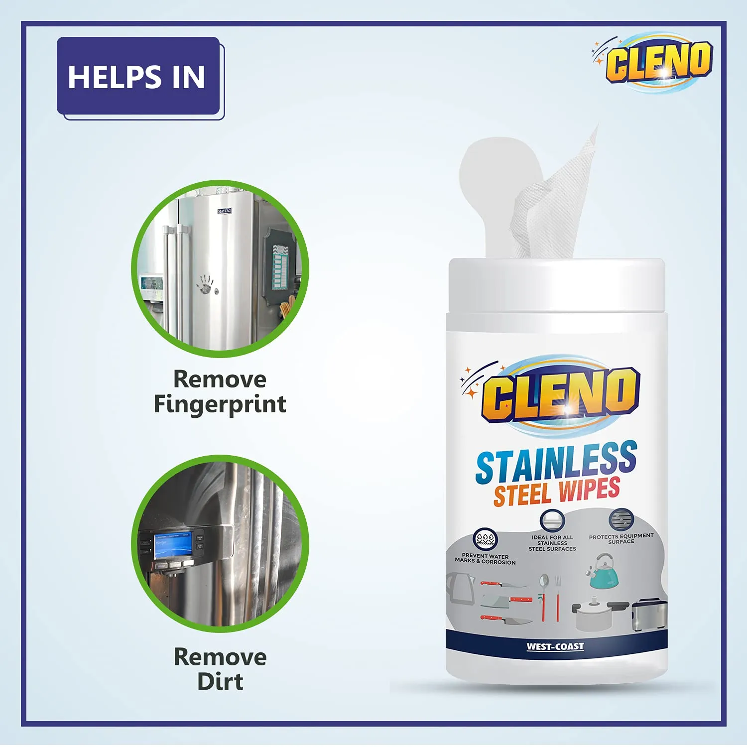 Cleno Stainless Steel Wet Wipes Quickly Cleans/Shines & Protects Cookers/Stove/Refrigerator Dishwashers & Grills Stainless-Steel Surfaces - 50 Wipes (Pack of 4) (Ready to Use)