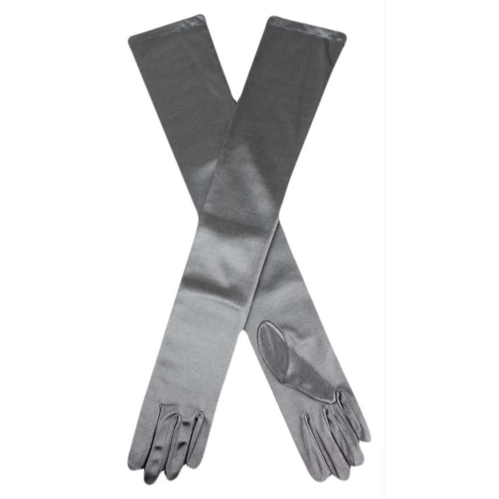 Dents Long Satin Shoulder Length Evening Gloves - Pewter Grey