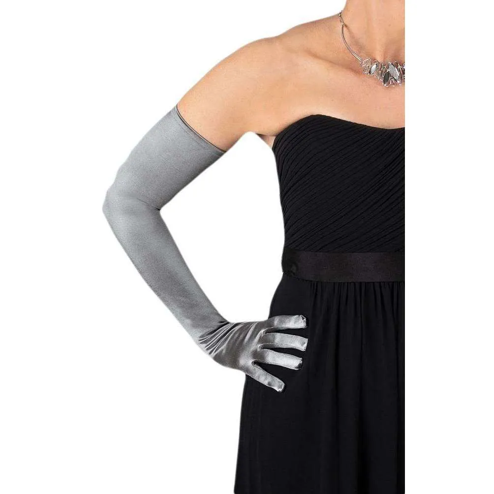 Dents Long Satin Shoulder Length Evening Gloves - Pewter Grey