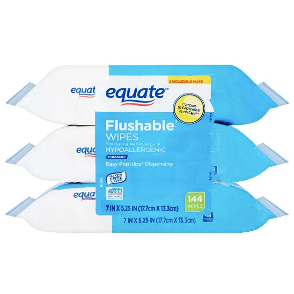 Equate Flushable Wipes, Fresh Scent, Value 3 Pack, 144 Count