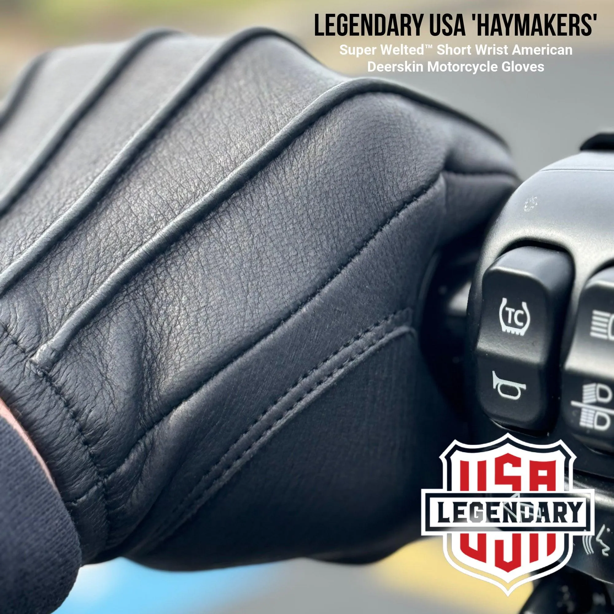 Legendary 'Haymakers' Super Welted Short Wrist American Deerskin Motorcycle Gloves