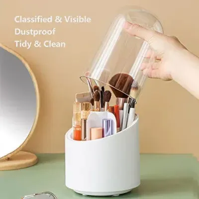 Makeup Brush Holder, 360 Rotating Makeup Organizer with Clear Cover Cosmetics Storage Display Case, with 7 Compartments